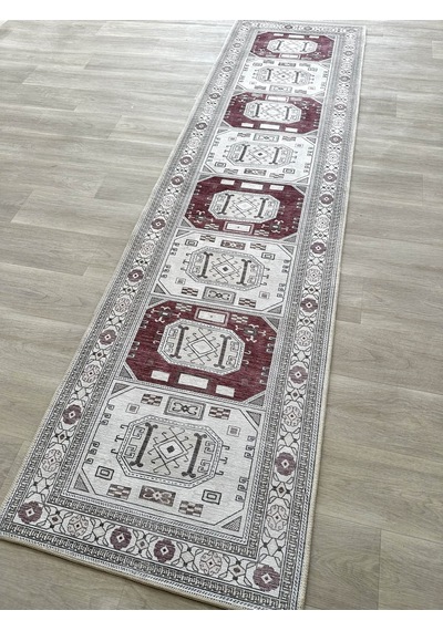 Geometrik Panel Desenli Krem Ve Bordo Etnik Halı - Ar848cr Krem - Bordo