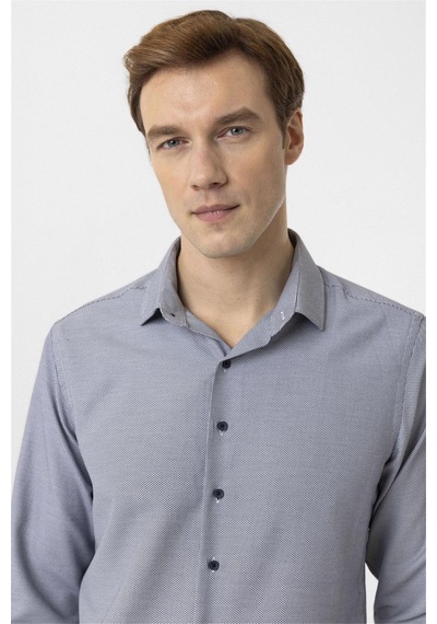 Süvari Lacivert Slim Fit Armürlü Klasik Yaka Gömlek-34380 Lacivert