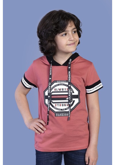 Toontoy Kids Toontoy Erkek Çocuk Baskılı Kapüşonlu Kısa Kollu Tişört Nar Çiçeği