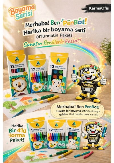 4 Lü Boyama Seti 12 Li Boya Kalemi + Keçeli Kalem+sulu Boya+pastel Boya Yaratıcı Boyama Seti