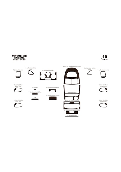 Mitsubishi Carisma Torpido Kaplama 1995-1999 19 Parça Koyu Meşe