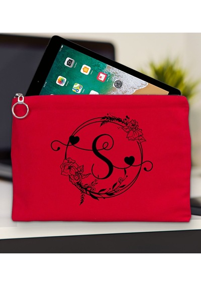 Bk Gift Kişiye Özel Harfli Kırmızı Tablet Çantası 30x21cm, Ipad Çantası, Baskılı Tablet Kılıfı