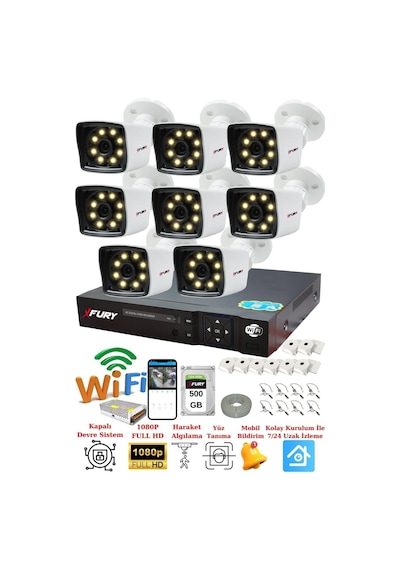 Fury 8 Kameralı 5mp Lens 1080p 2mp Color Görüntü 8 Warm Led Gece Görüş Fullhd Güvenlik Kamera 5525w 500gb