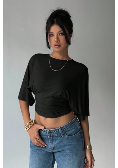 Cool Tarz Kadın Siyah Crop Bluz Yarım Kol Salaş Fit Yüksek Bel Büzgülü Basic Tişört Siyah Siyah Cool Tarz Kadın Siyah Crop Bluz Yarım Kol Salaş Fit Yüksek Bel Büzgülü Basic Tişört Siyah Siyah