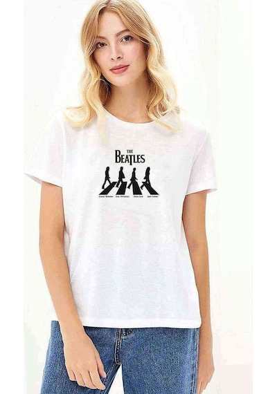Abbey Road The Beatles Logo Müzik Beatles Baskılı Beyaz Kadın Ts