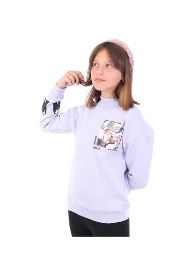 Toontoy Kız Çocuk Baskılı Nakışlı Sweatshirt Mavi