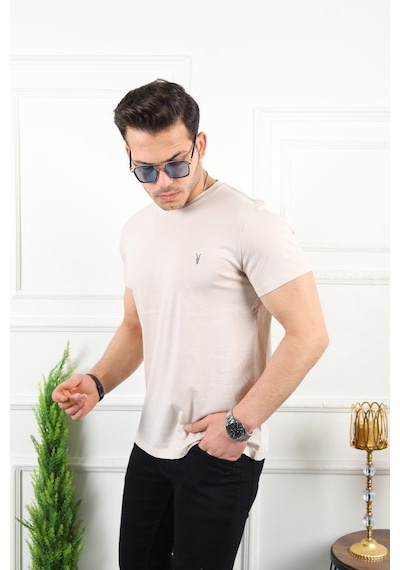 Erkek Krem Rengi Slim Fit Bisiklet Yaka Tişört Krem
