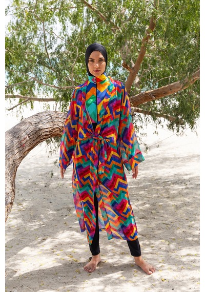 Remsa Mayo Remsa Tesettür Mayo Üzerine Tek Kaftan Kimono Pareo Rp016 Tetris Siyah