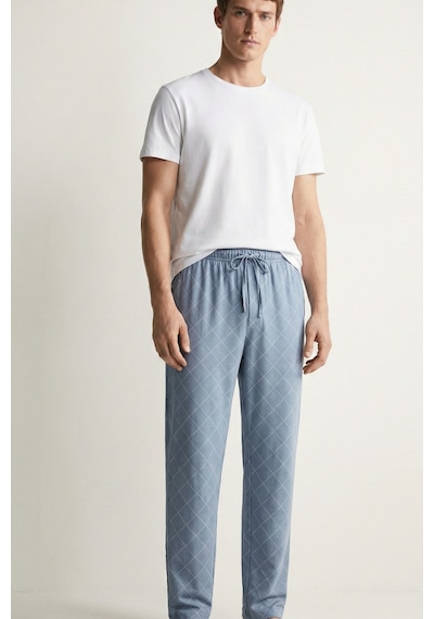 Elemge Kareli Modal Elastan Erkek Pijama Altı Rahat Kalıp Regular Fit Cepli İpli Esnek Mavi-beyaz Ekoseli