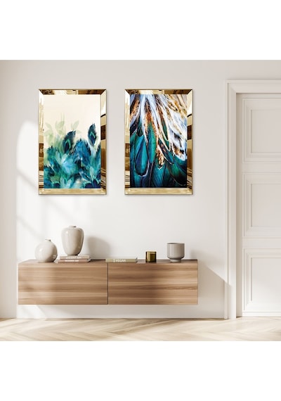 Gold Aynalı Pleksi Çerçeveli Su Yeşili Bitkiler Modern İkili Mdf Tablo Seti