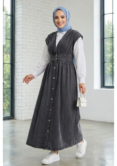 Hb Harma Time Butik Kadın V Yaka Düğmeli Kot Siyah Jile Siyah Siyah