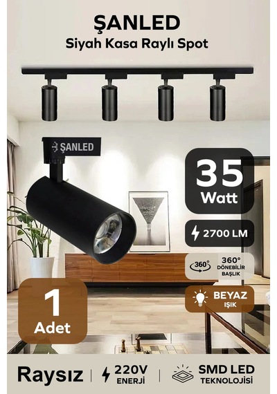 Led Siyah Kasa Beyaz Işık 35w Raylı Spot Beyaz