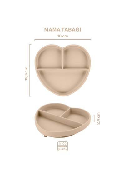 Silikon Beslenme Seti 3'lü Latte Bej / Mama Tabağı, Mama Önlüğü, Bandırma Kaşığı Latte Bej