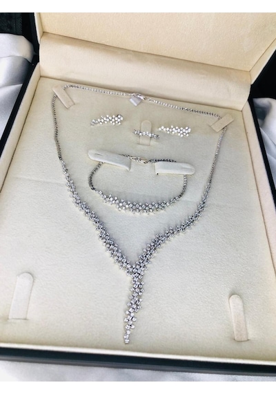 Kadın Gümüş Set - Alisa Zirconia Taşlı Su Yolu Set • Işıklı Kutuda • Düğün • Nişan • Gelin Seti