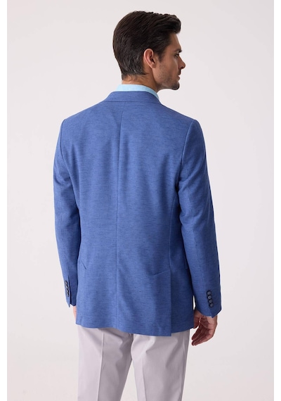 Erkek Mavi Regular Fit Keten Karışımlı Mono Yaka Ceket