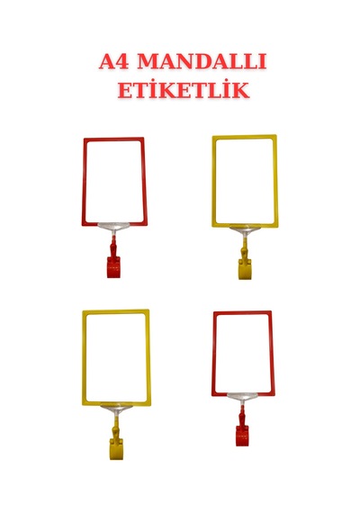 4adet Sarıkırmızı A4 Mandallı Sepet Etiketi Çerçeveli Etiketlik Sarı Kırmızı