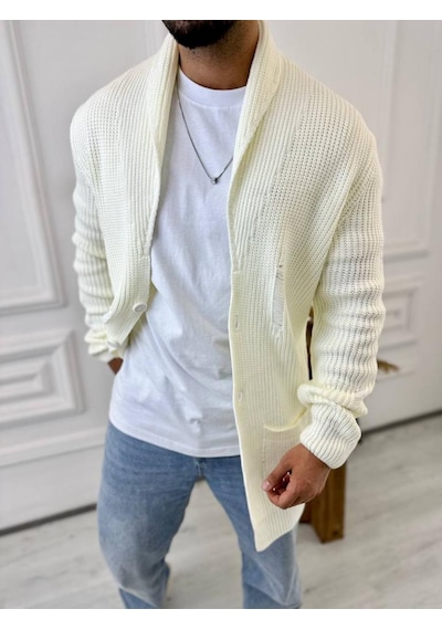 Elku Moda Hırka Örgülü Şal Yaka Cepli Lazer Kesim Yırtık Detaylı Tüylenmez Örgü Triko Hırka Beyaz Elku Moda Hırka Örgülü Şal Yaka Cepli Lazer Kesim Yırtık Detaylı Tüylenmez Örgü Triko Hırka Beyaz