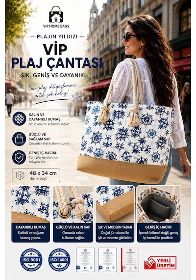 Plaj Çantası Vip Çanta El Ve Omuz Çantası Piknik Çantası-çapa Desenli