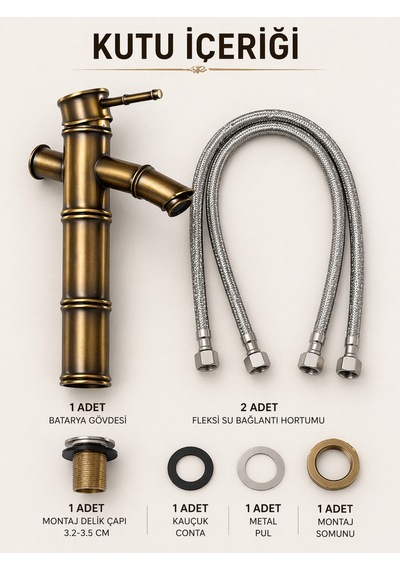 Lüx Premium Eskitme Detaylı Çanak Lavabo Bataryası Bakır