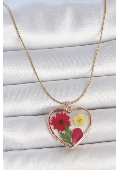 Mey İthalat 316l Çelik Gold Renk Zincir Epokis Kalp Doğal Çiçek Model Kadın Kolye - Özel Seri Meyeb681b94d0f4308454300c6ac6