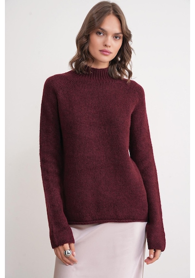 Mixray 6849 Kadın Dikişsiz Dik Yaka Triko Kazak Bordo Bordo