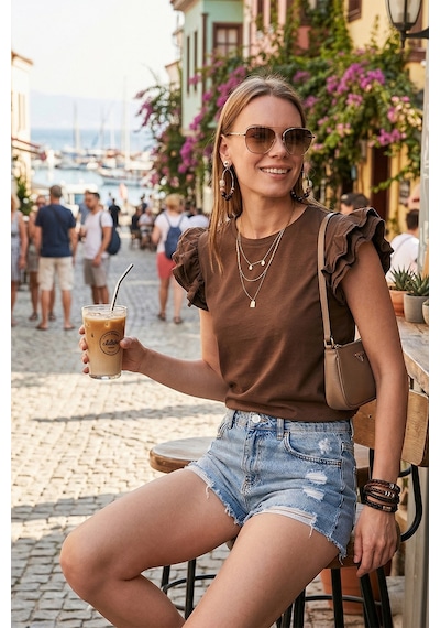 Lela Pamuklu Kolları Fırfırlı Slim Fit Bisiklet Yaka Bayan T Shirt 5864500 Kahve