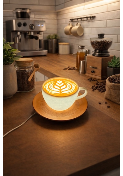 Latte Görünümlü Dekoratif Masa Lambası Kahve Köşesi Dekoru Mutfak Ev Dekorasyonu Beyaz
