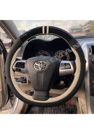 Toyota Urban Cruiser Dikme Direksiyon Kılıfı Parlak Siyah Bej Detaylı Bej Çift Yüzük Ve Dikiş 2009-2014