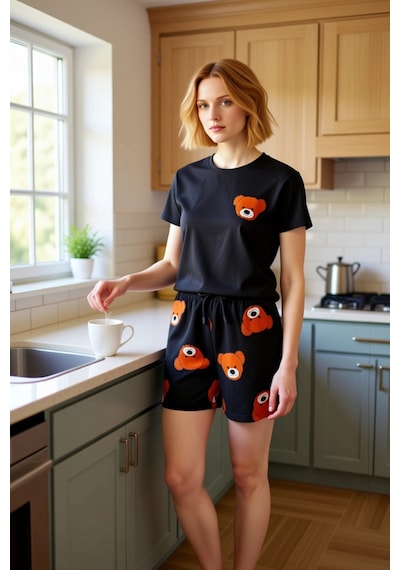 Frm Ayıcık Baskılı Çocuk Lounge Pijama Takımı Fonksiyonel Dayanıklı K Siyah