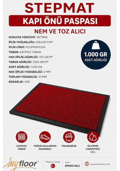 Nem Alıcı Toz Tutucu Çamur Sıyırıcı Pvc Taban Ve Pvc Bordürlü Setra Kırmızı Çelik Halılı Kapı Önü Paspası