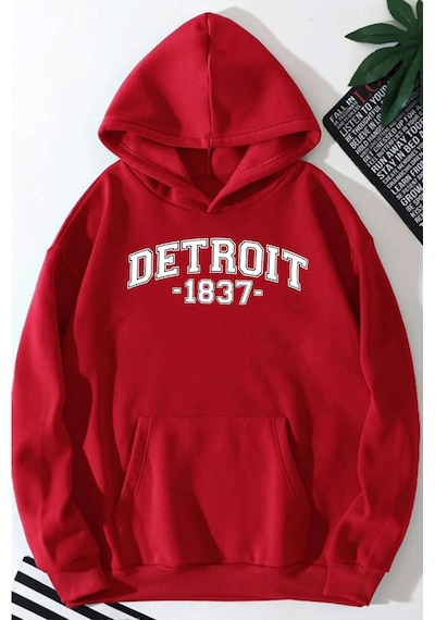 Medinenur Detroit Baskılı Kapüşonlu Sweatshirt Kırmızı
