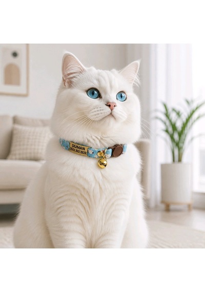 Ayz Markalama Güvenlik Kilitli İsimli Kedi Tasması Mavi