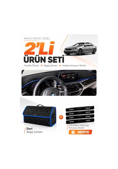 Bmw G30 G31 G38 2017-2023 Uyumlu Torpido Örtüsü + Deri Bagaj Çantası + Sticker Seti - Siyah Mavi