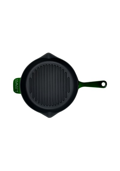 Lava Döküm Yuvarlak Izgara Tavası Çap Ø 28cm. Döküm Demir Yekpare Saplı Premium Serisi. - Majolica Yeşil Yeşil