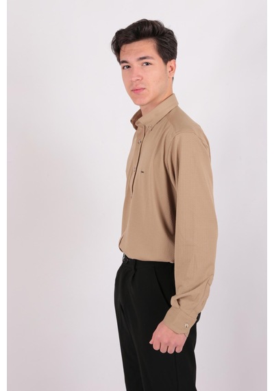 Twın Lıon Twin Lıon 408 Slimfit Örme Armürlü Düz Gömlek Bej