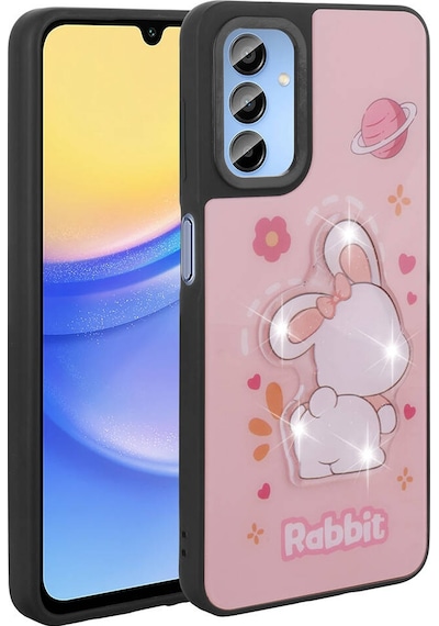 Samsung Uyumlu Galaxy A15 Kılıf Parlayan Kabartmalı İkonik Figürlü Zore Amas Silikon Kapak Pembe