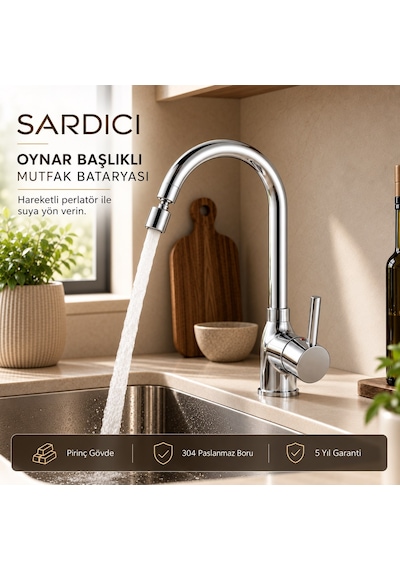 Sardıcı Akış Oynar Başlıklı Mutfak Bataryası 40 Cm 304 Flex Hortumlu Pirinç Gövde   Krom