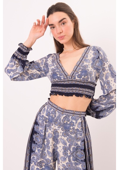 Fashion Cocktail Viskon Yazlık Lastikli Otantik Desenli Bohem Sahil Pantolon Krop Takım Lacivert Fashion Cocktail Viskon Yazlık Lastikli Otantik Desenli Bohem Sahil Pantolon Krop Takım Lacivert