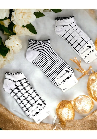 Shopiolog Sevimli Marul Desenli Bilek Çorabı 3'lü Paket Siyah - Beyaz