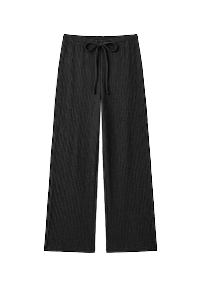 Cottonill Premium - Tide Collection Siyah Bağcıklı Bürümcük Dokulu Bol Paça Kadın Pantolon