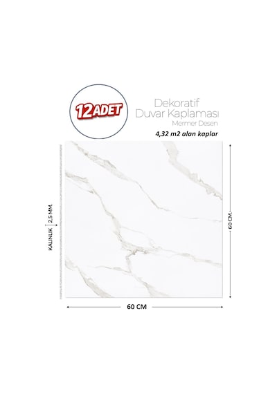 60x60 Cm Kendinden Yapışkanlı Duvar,banyo,tezgah Arası Beyaz Mermer-12 Adet 1091-60-12