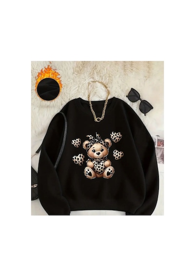 Herkesemoda Sevimli Ayıcık Baskı Detaylı Bisiklet Yaka Sweatshirt Siyah