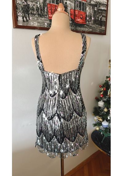 Chica Rosa Fashion Kısa Gümüş Pullu Elbise Gümüş - Siyah