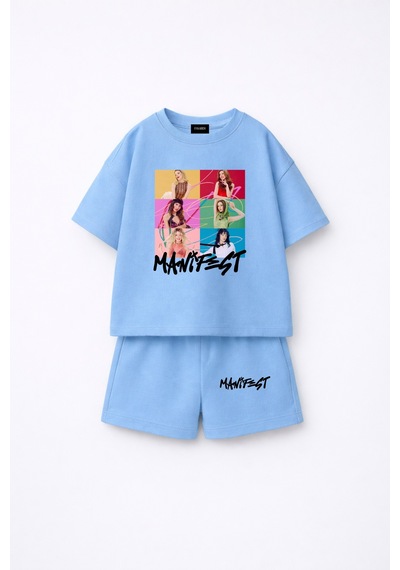 Fasardi Manifest Girls M6nifestgirls Baskılı Oversize Pamuk Tişört Şort 2'li Çocuk Takım Mavi