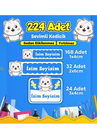 Sevimli Kedi Temalı Okul Kreş Kişiye Özel İsim Etiket Seti - Model 345 Çok Renkli