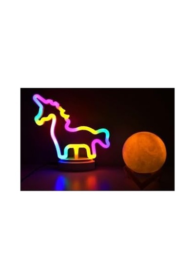 Sevimli Renkli Neon Unicorn Ve 3d Küre Stantlı, Pil + Kablo&apos Lu Gece Lambası Çocuk Odası Festival Parti Dekorasyon .