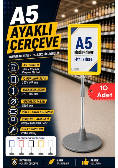 10 Adet - A5 Ayaklı Menü Ve Fiyat Bilgi Standı Yuvarlak Tabanlı Teleskopik Çerçeve Etiketlik Sarı