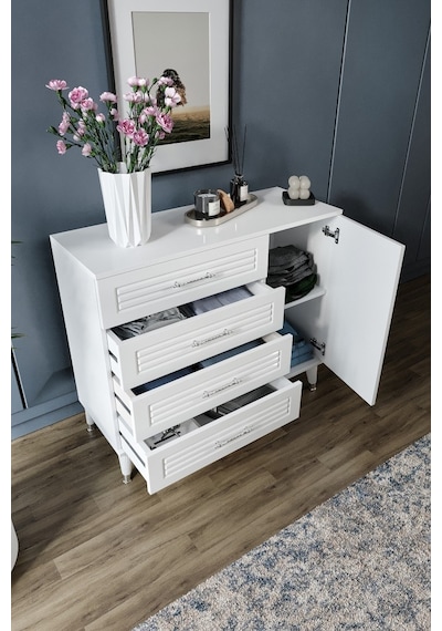 Panjurlu 4 Çekmeceli 1 Kapaklı Şifonyer Modern Tasarım, Mdf Kapak, Beyaz Gümüş Beyaz