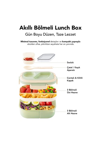 Bondie Kilitli Kapak Yemek Kabı - 2 Katlı Bölmeli Kaşık Ve Sosluklu Lunch Box Beslenme Kutusu Yeşil