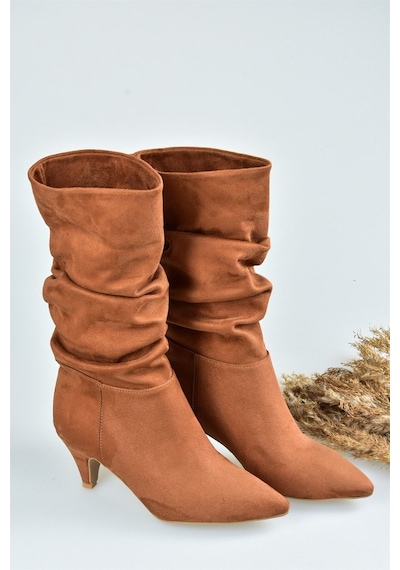 Fox Shoes Taba Süet Kısa Topuklu Büzgülü Kadın Bot L404810602